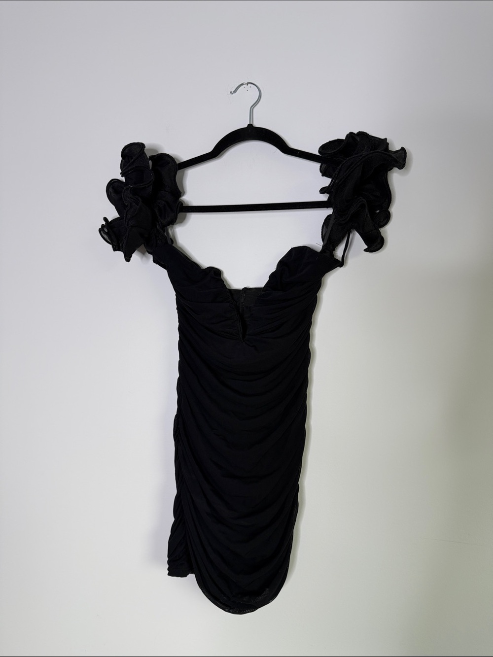 Black Ruffle Sleeve Ruched Dress